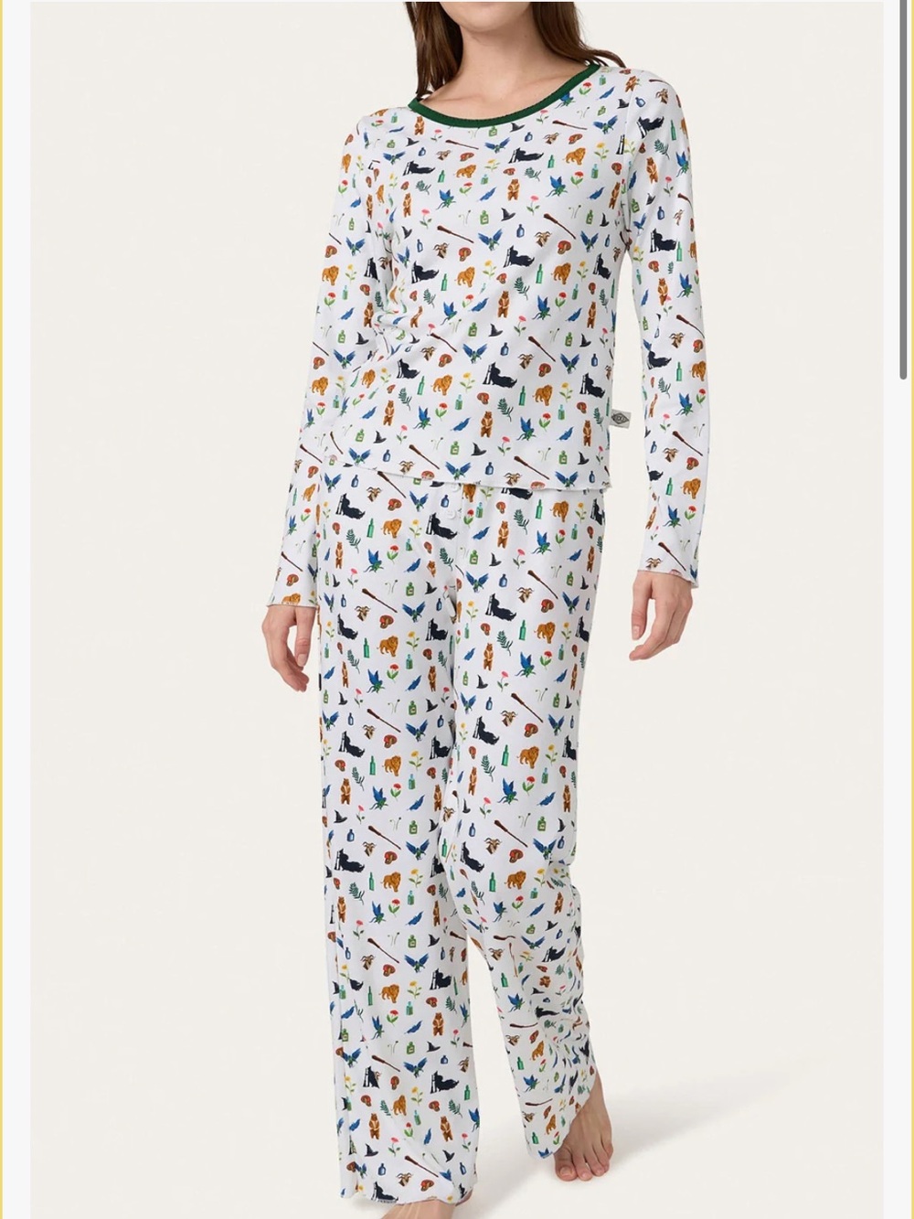 Women's White Wicked Movie Printed Long-Sleeve Pajama Set with Green Trim